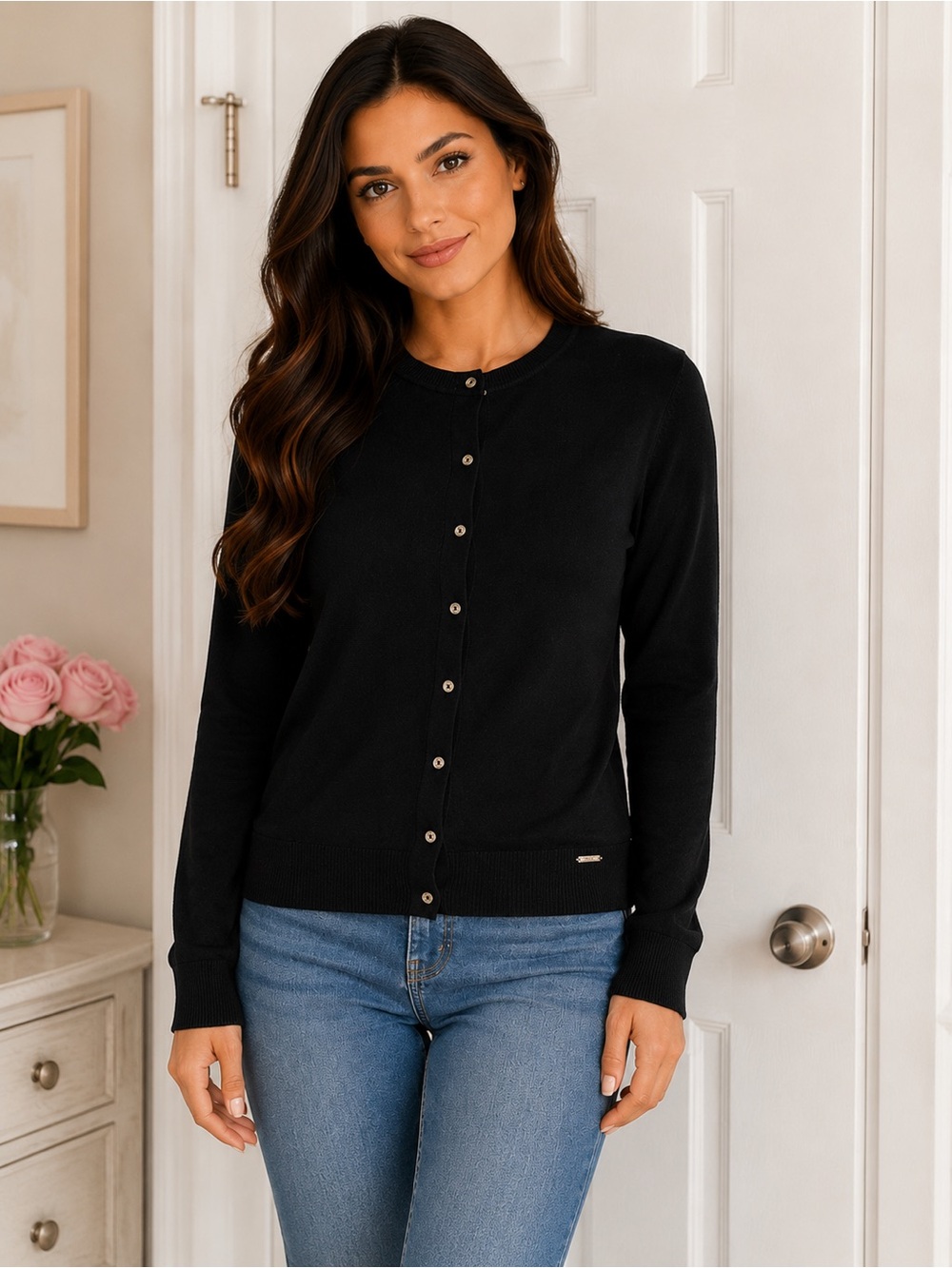 Calvin Klein Black Button-Front Crew Cardigan
